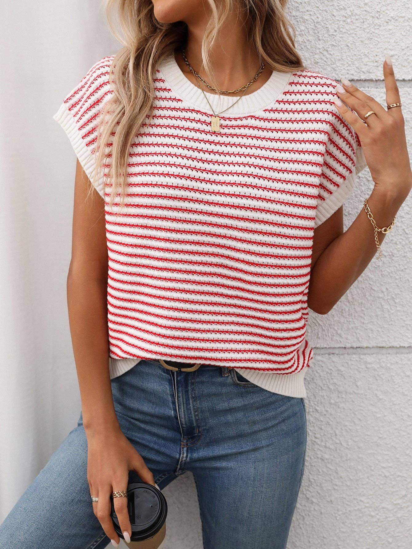 Red Stripe Crew Neck Knit Top