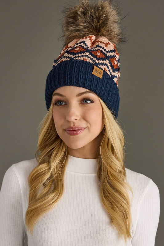 Navy, Rust & Pink Patterned Pom Hat