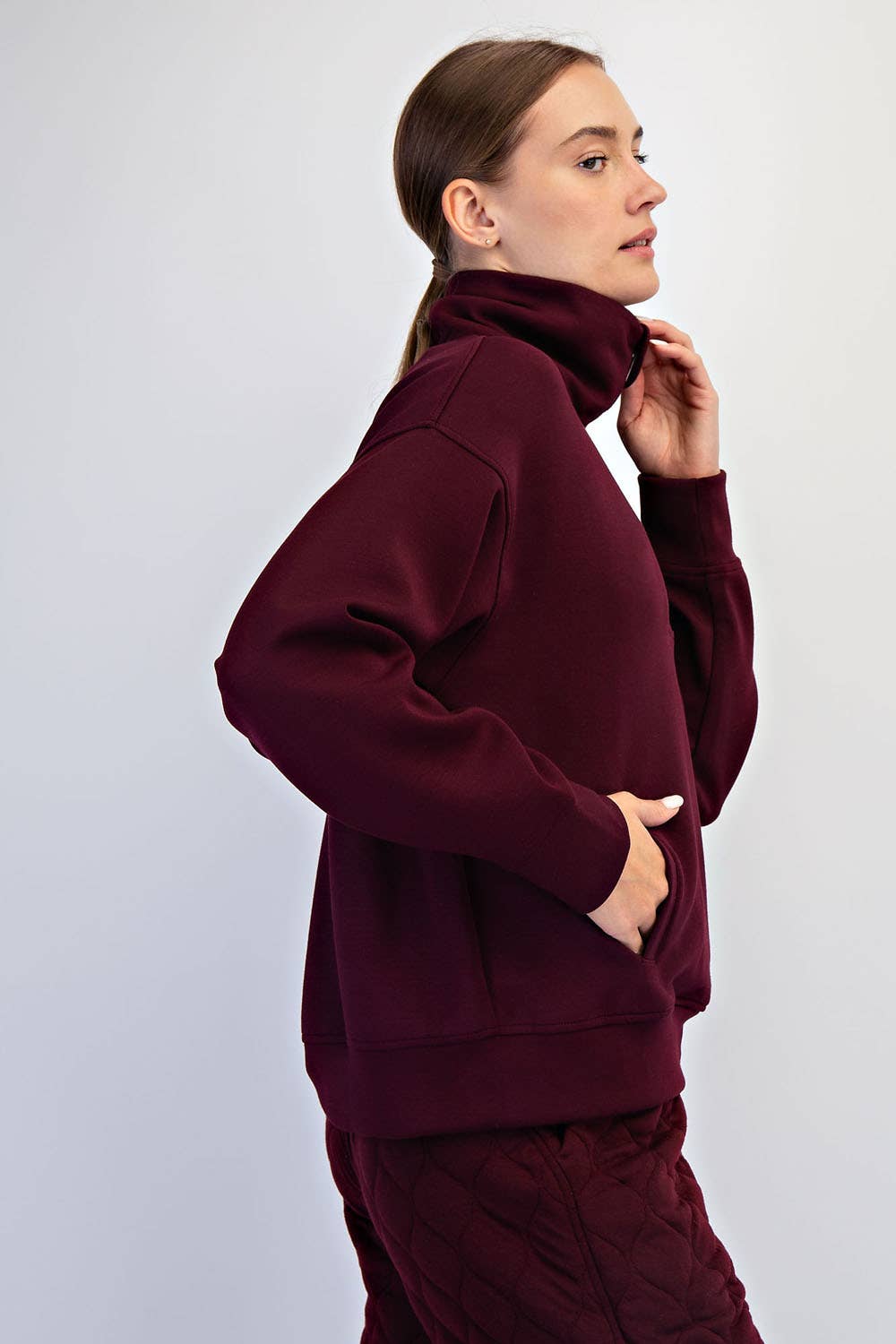 Dark Cherry Modal Scuba Quarter Zip Funnel Neck Pullover