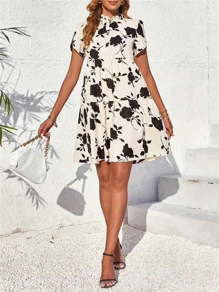 Black & Cream Floral Doll Collar Dress