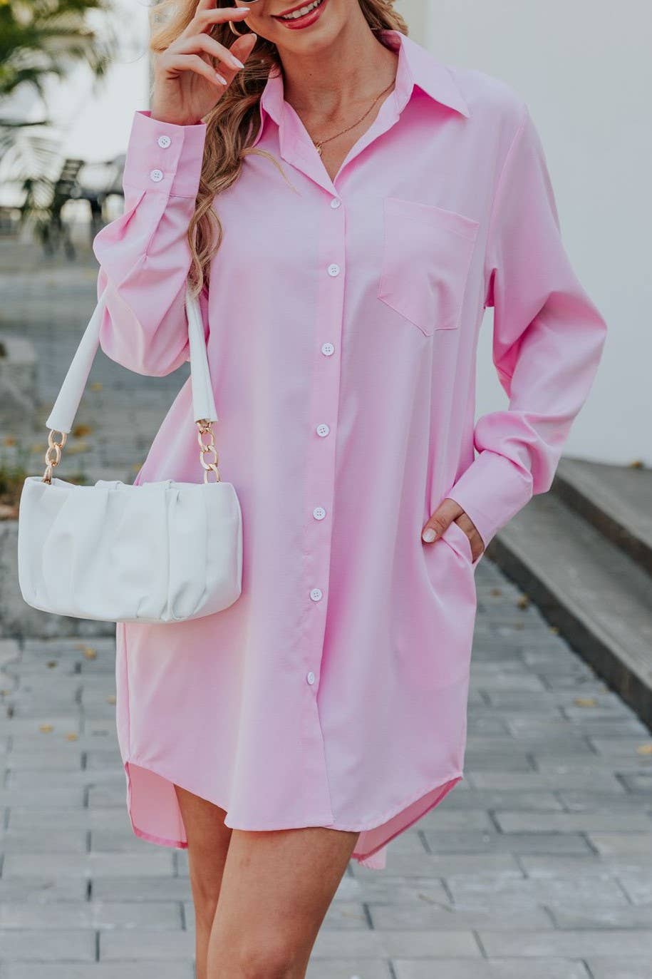SALE Pink long sleeve shirt dress