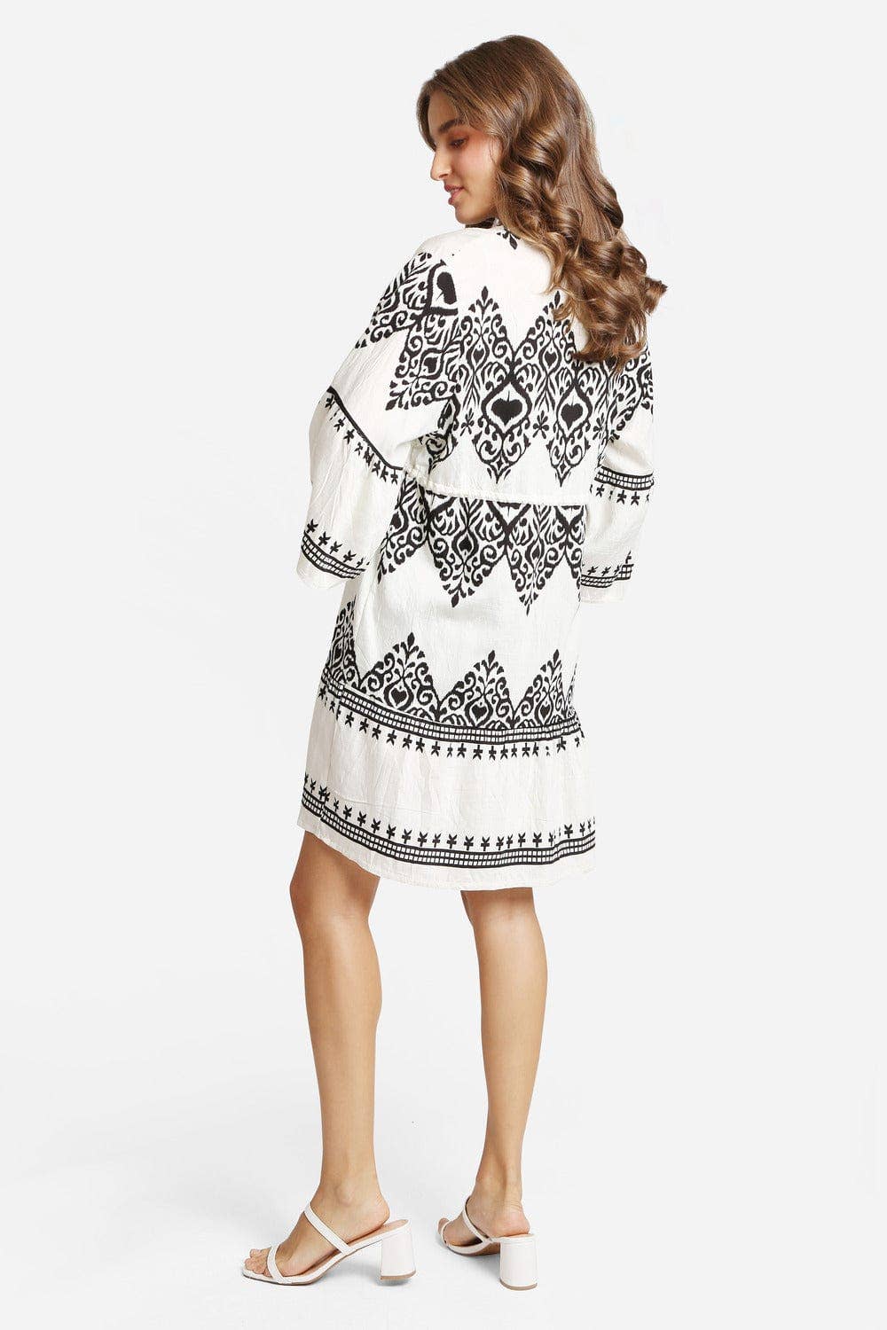 SALE Black & Cream Stormi Mixed Print Cover Up Dress With Tassel Ties