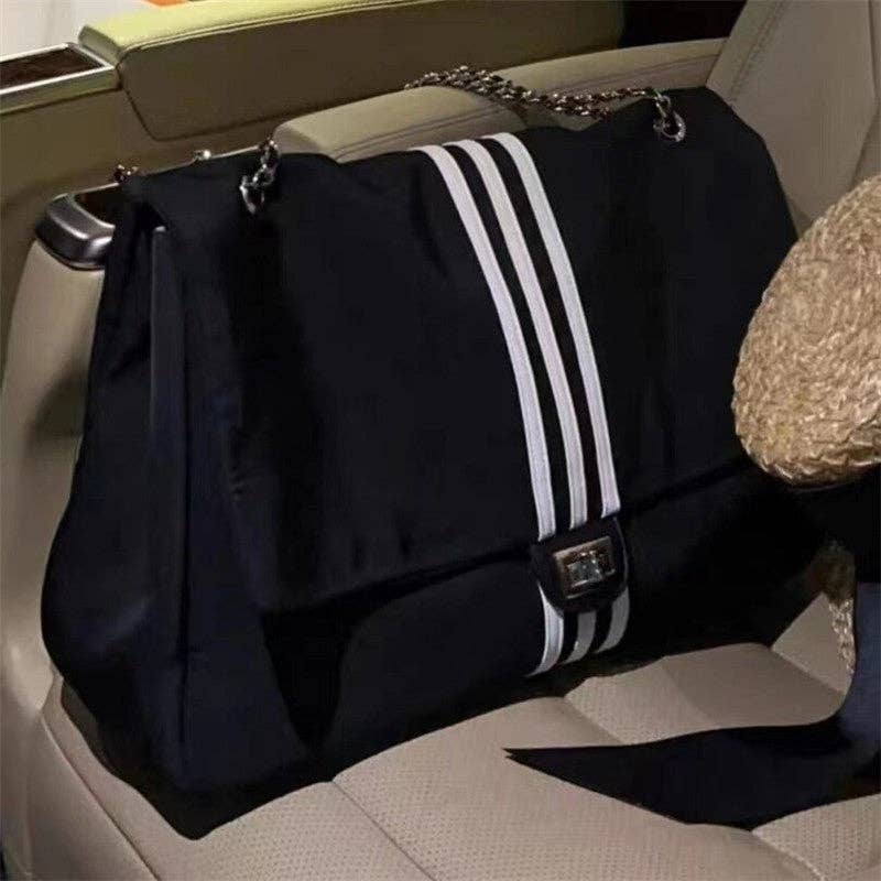 Black Striped Large Chain Tote Bag