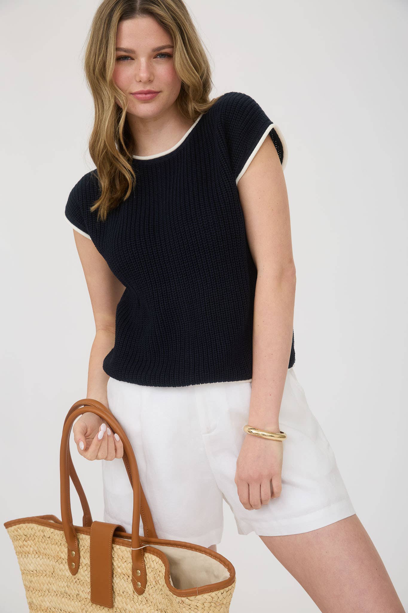 Black Contrast Trim Short Sleeve Sweater