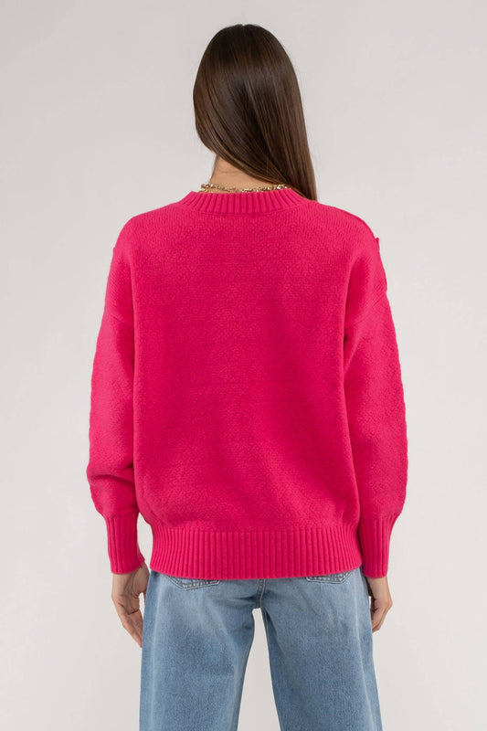Fuchsia Button Tab Shoulder Pullover Sweater