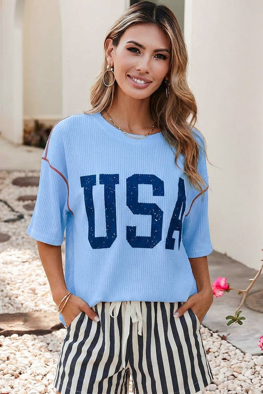 Blue USA Graphic Half Sleeve Loose Ribbed Top