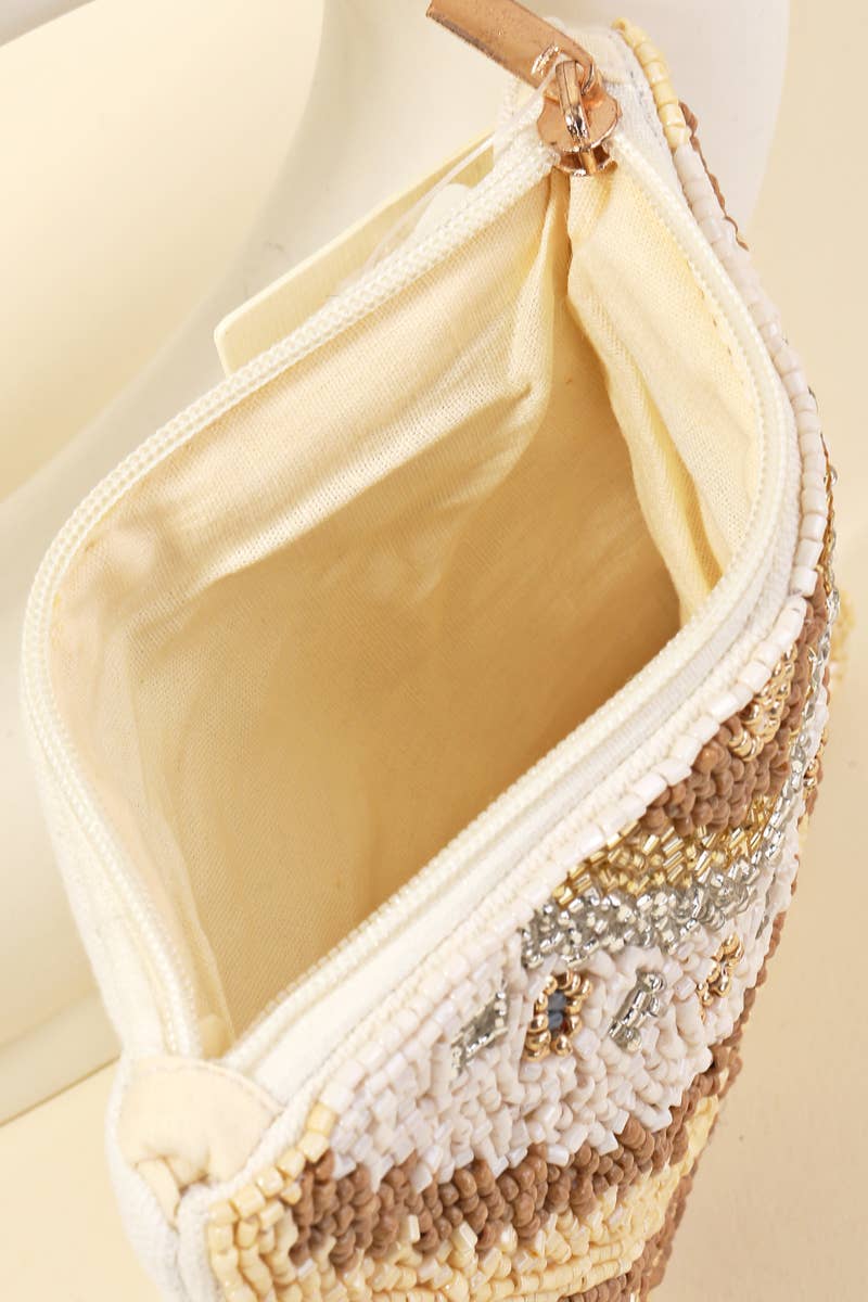 Striped Patter Seed Beaded Coin Pouch Bag