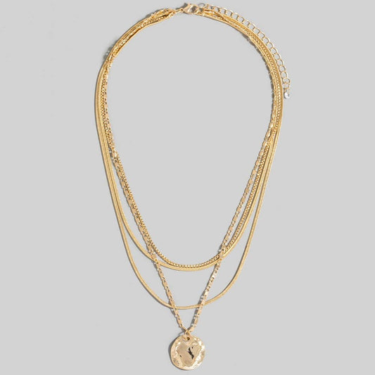 Hammered Gold Coin Pendant Layered Chains Necklace