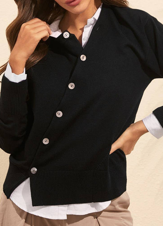 Black Diagonally Buttoned Irregular Crewneck Sweater