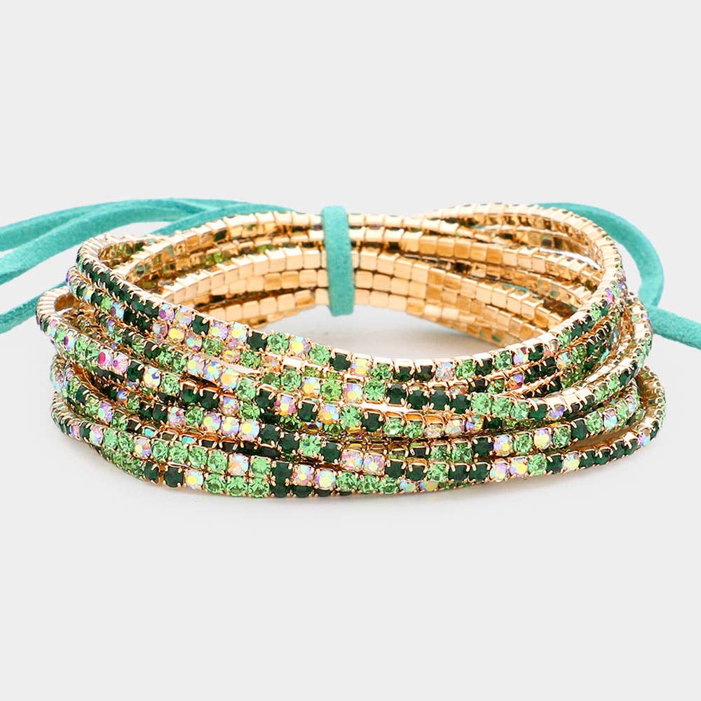 Greens 12 Piece Rhinestone Layered Stretch Bracelet Set