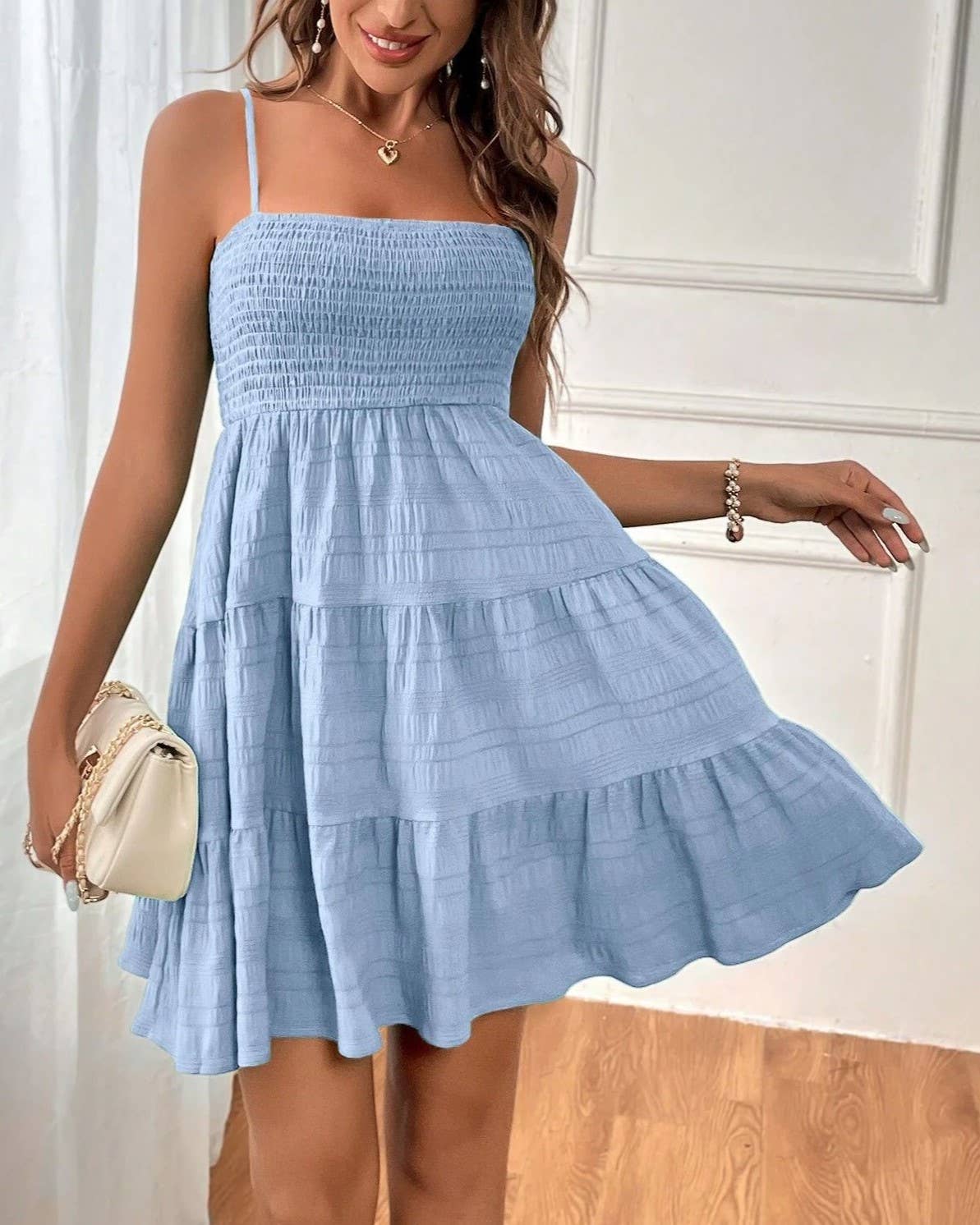 Light Blue Textured Tiered Dress