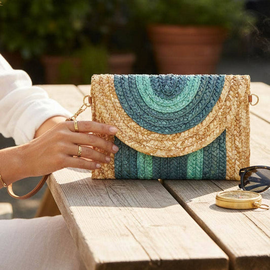 Boho Woven Envelope Wristlet Clutch Crossbody Bag: Turquoise