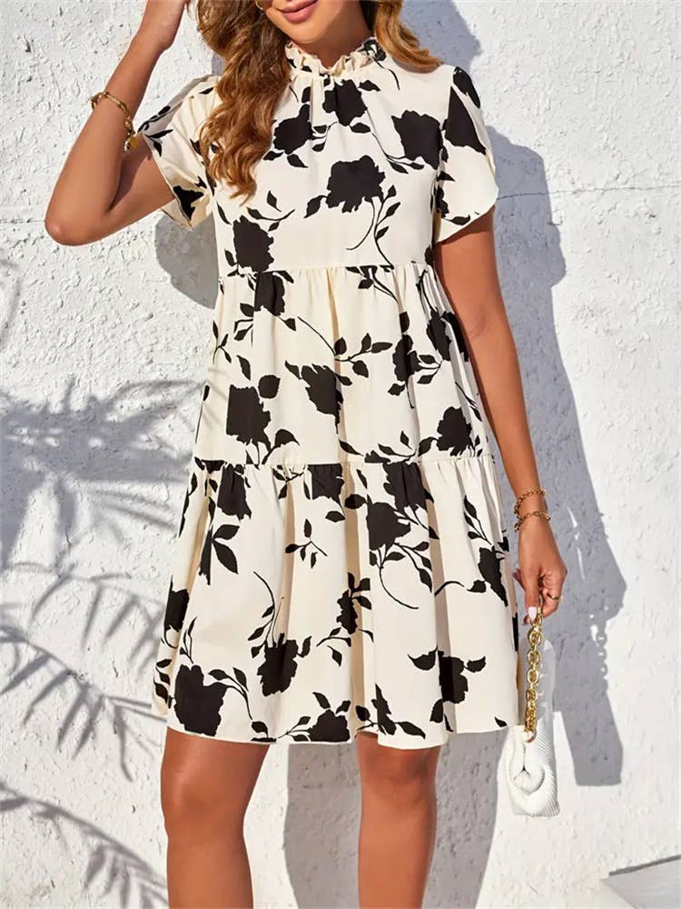 Black & Cream Floral Doll Collar Dress