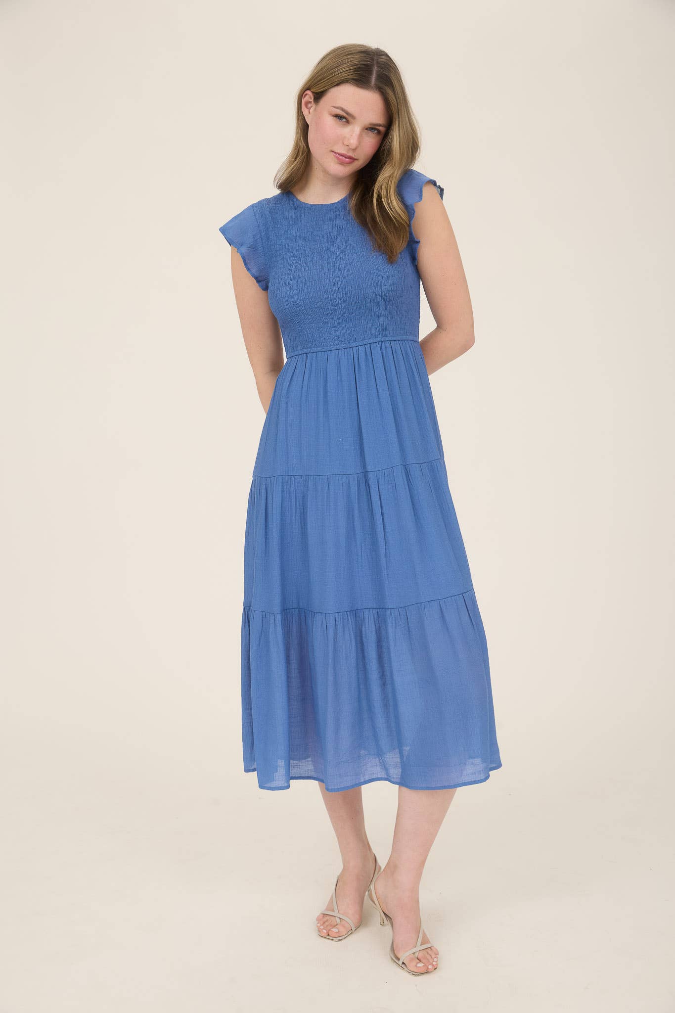 SALE Dusty Blue Smocked Tiered Midi Dress