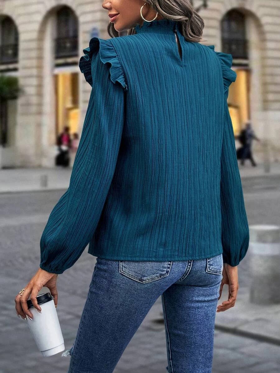 SALE Peacock Ruffled Collar Plantern Sleeve Top