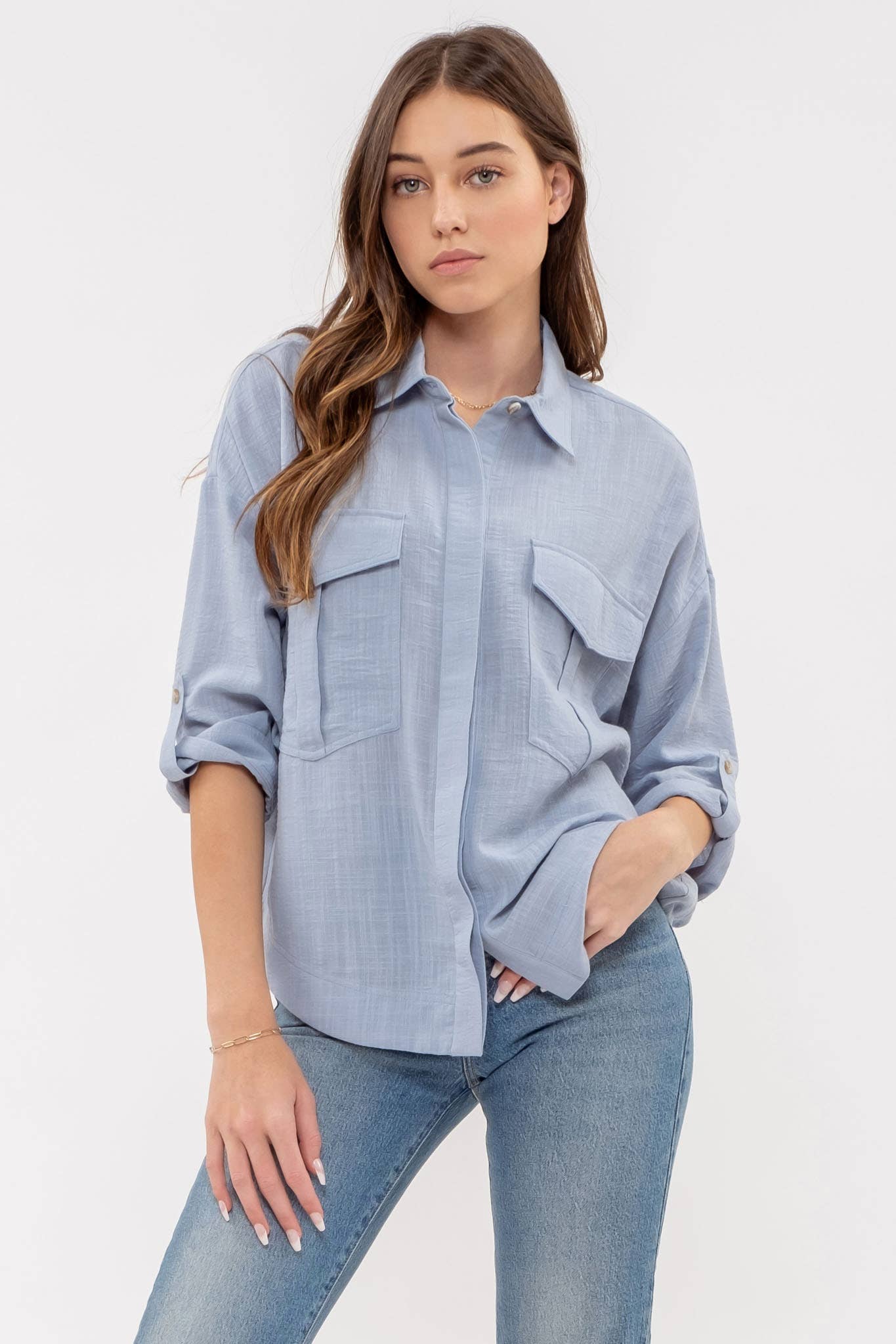 Blue Collared Button Down 3/4 Sleeve Shirt