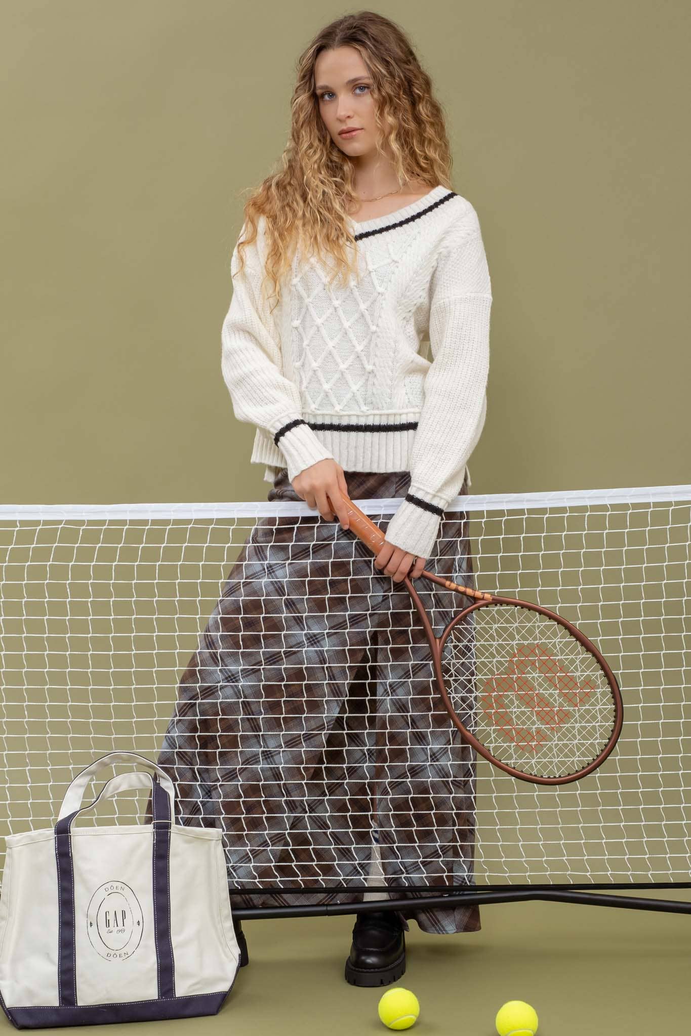 Ivory V Neck Cable Knit Preppy Sweater