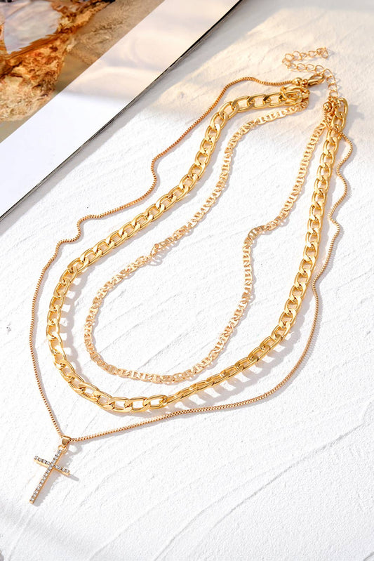Gold LDC Plated Cross Pendant Multi Layer Stacked Chains Necklace