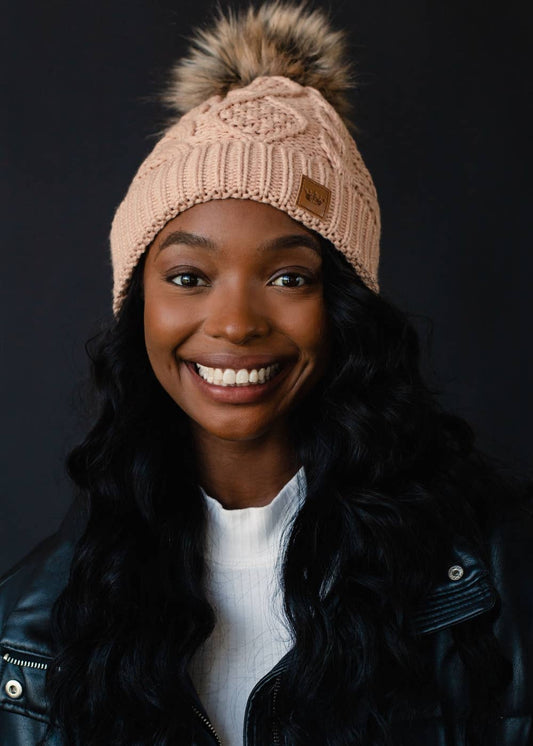 Peach Fuzz Cable Knit Pom Hat