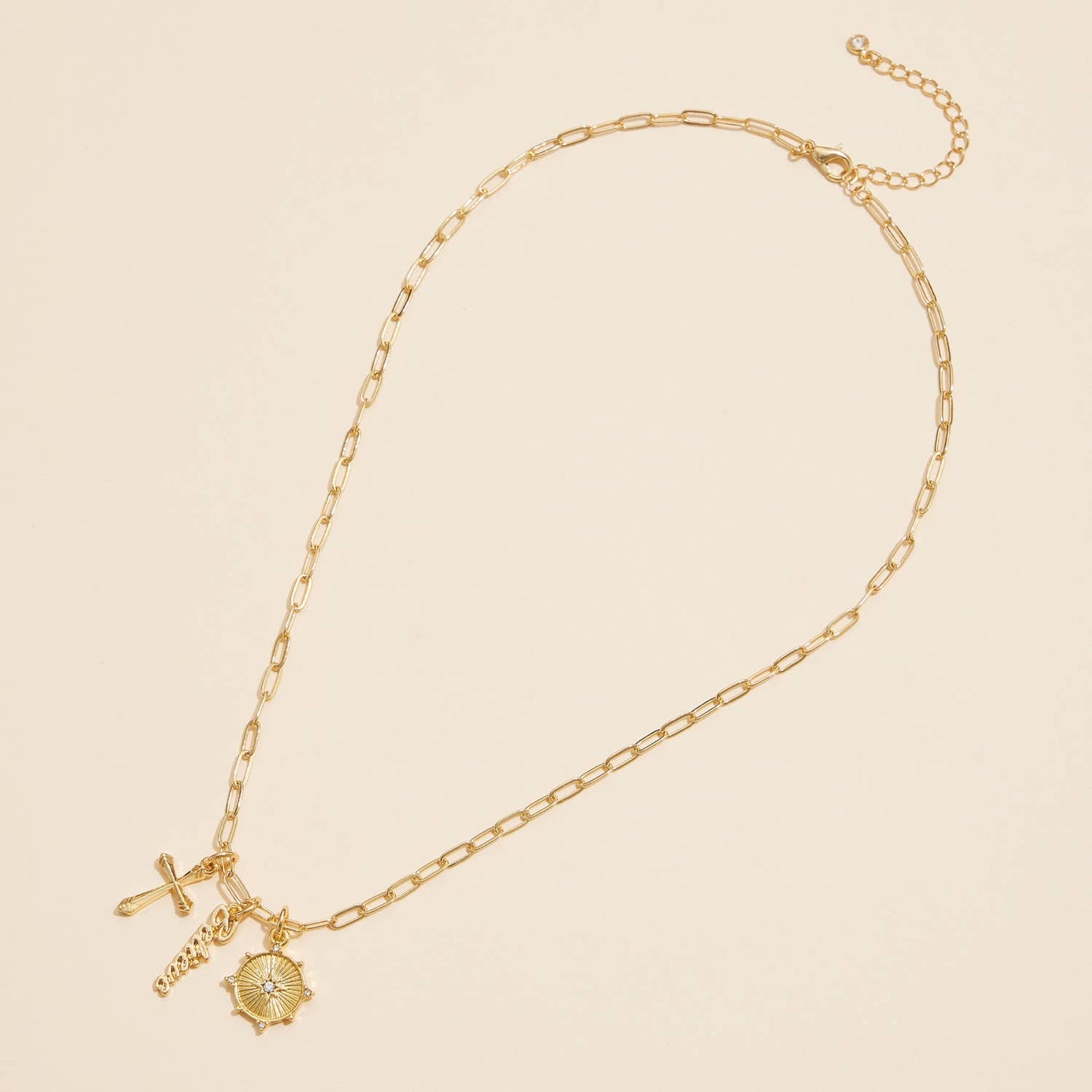 Cross, Believe, & Compass Gold Dipped 18K Charms Necklace