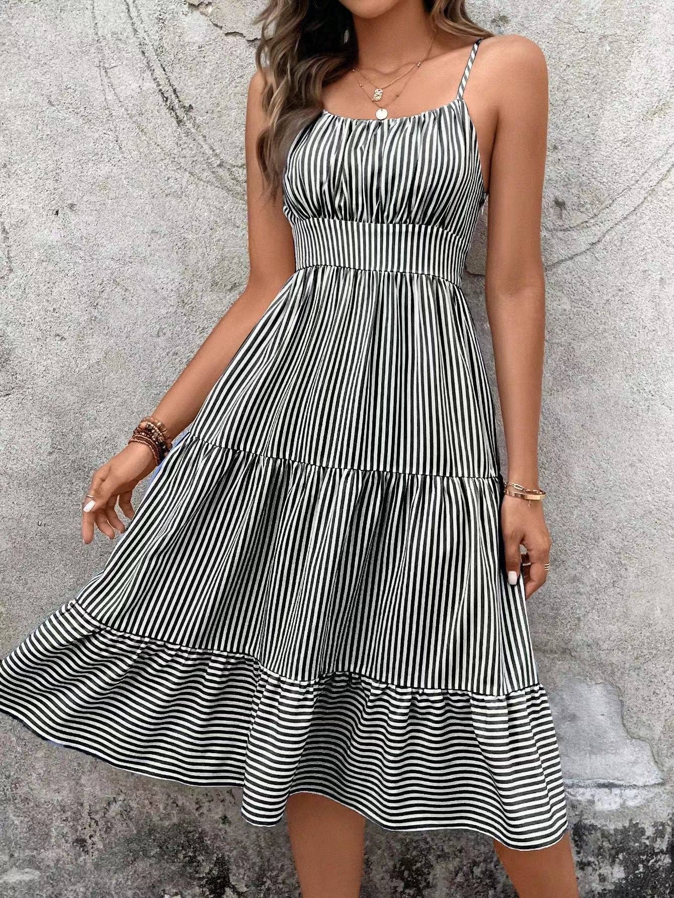 SALE Black & White Striped spaghetti strap midi dress
