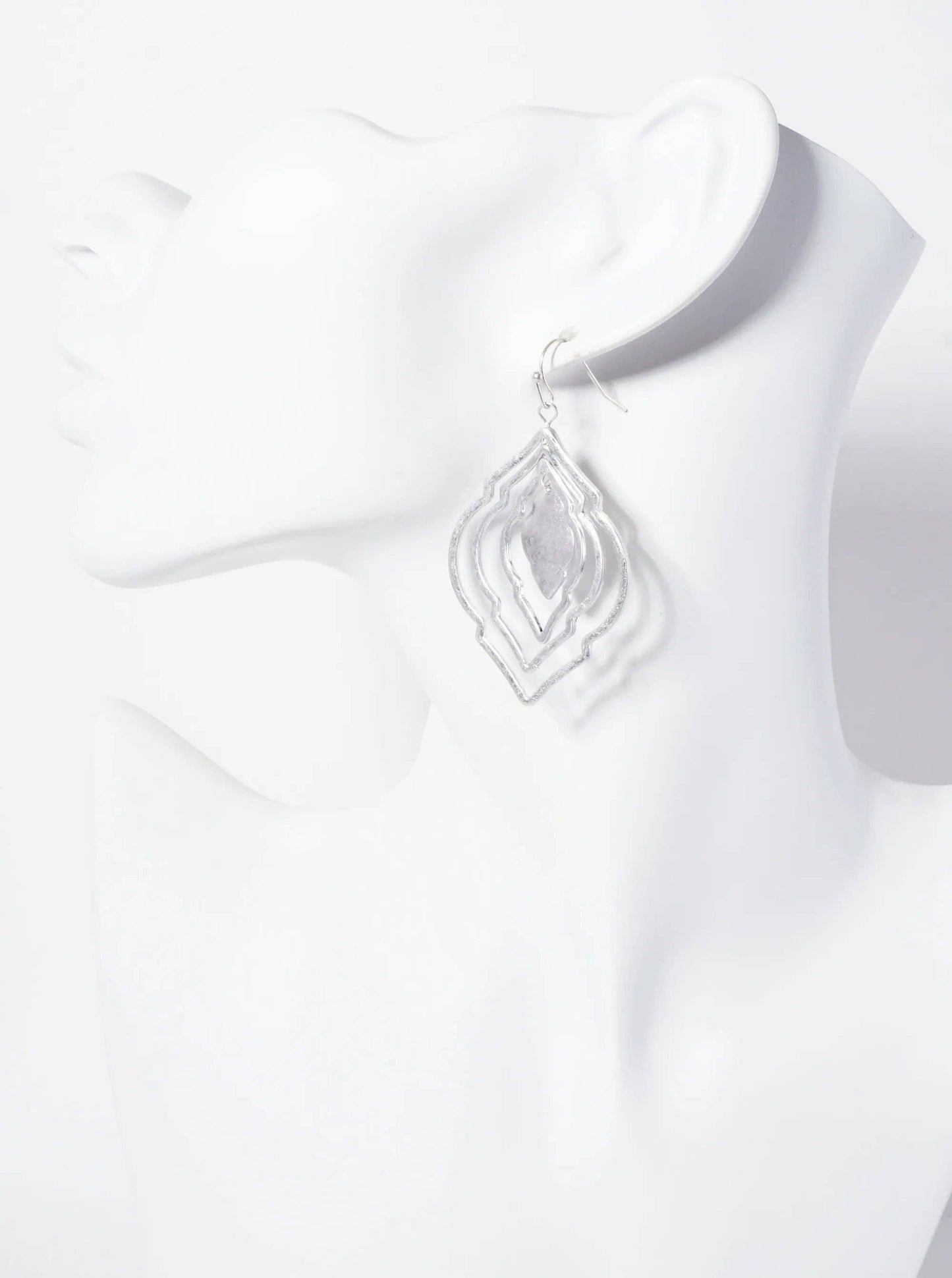 Metal Four Layered Quatrefoil Dangle Drop Earrings: Worn Silver