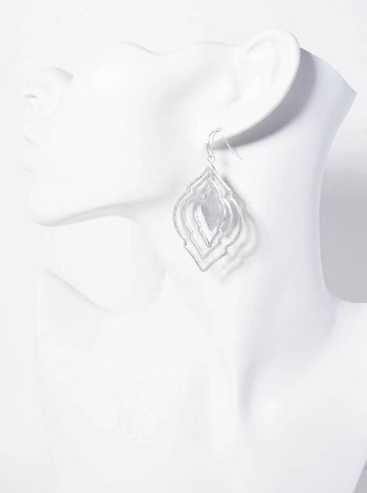Metal Four Layered Quatrefoil Dangle Drop Earrings: Worn Silver