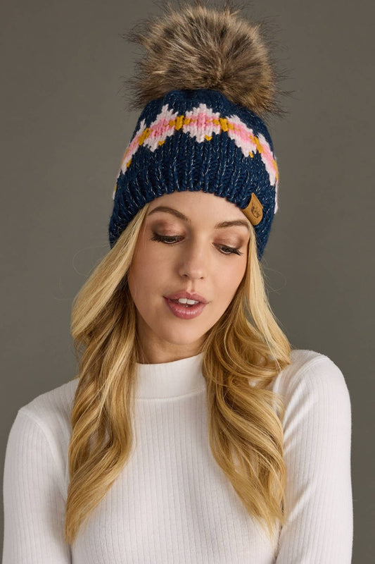 Navy, Pink & Mustard Patterned Pom Hat
