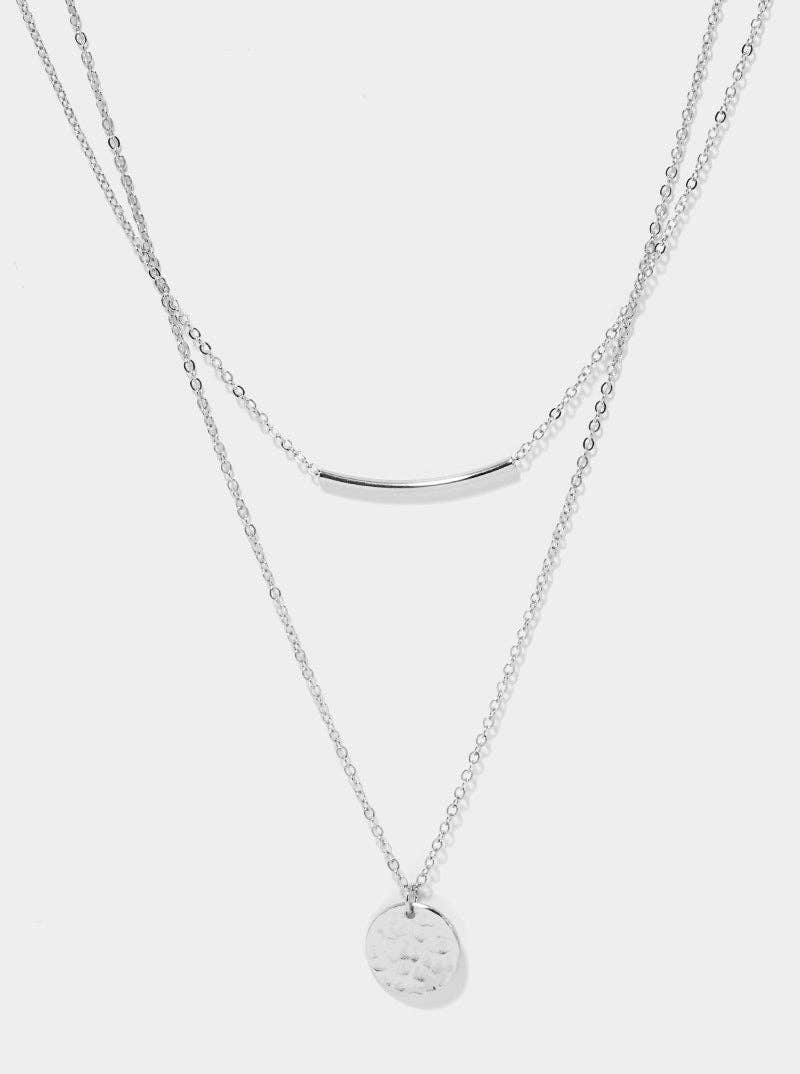 Hammered Metal Disc & Tube Bar Layered Necklace: Silver