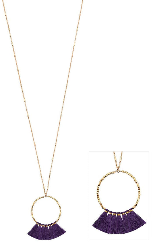 Gold Beaded Hoop With Purple Fabric Tassels 36" Necklace