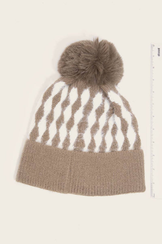 Khaki Abstract Diamond Stripe Knit Pom Winter Beanie