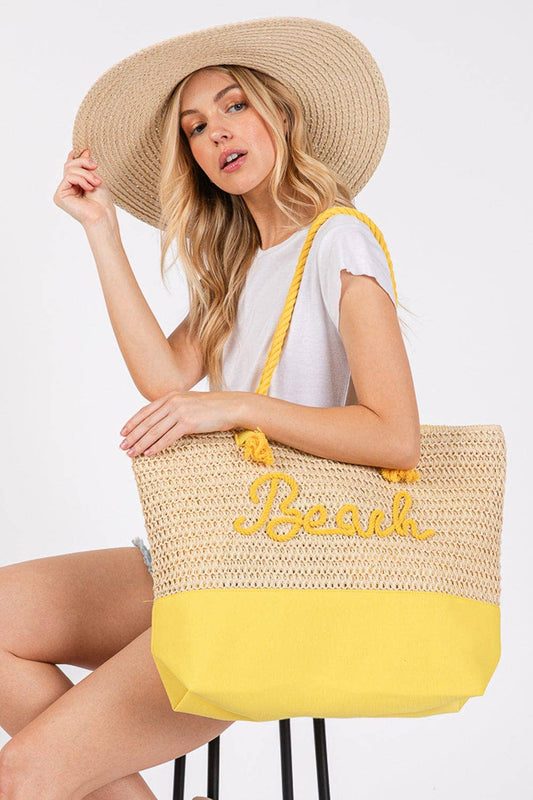 Yellow Sewn Rope Beach Letter Color Straw Tote Bag