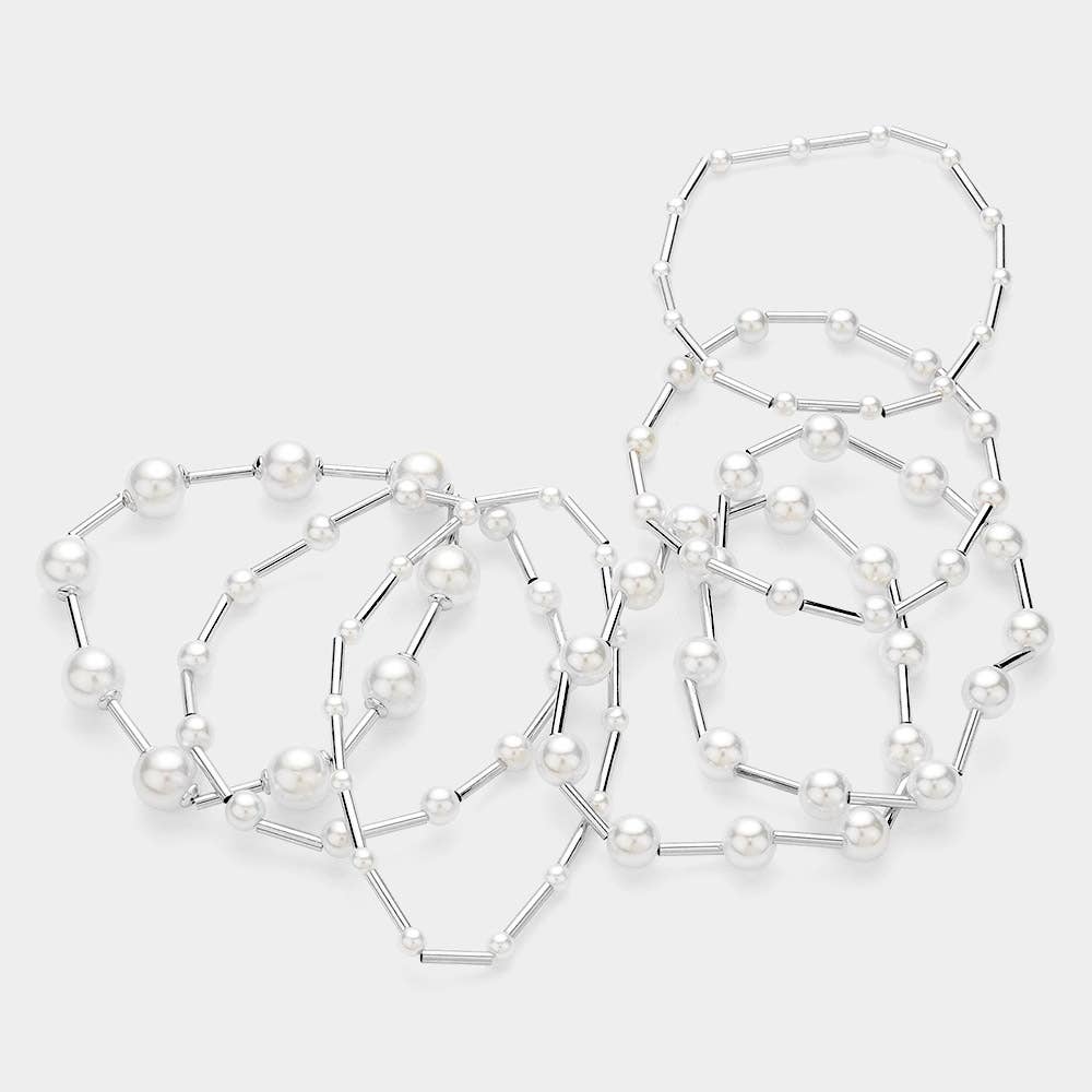 Pearl Metal Ball Beaded Stretch Multi Layered Bracelet Set