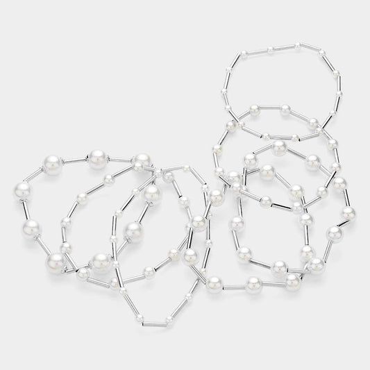 Pearl Metal Ball Beaded Stretch Multi Layered Bracelet Set