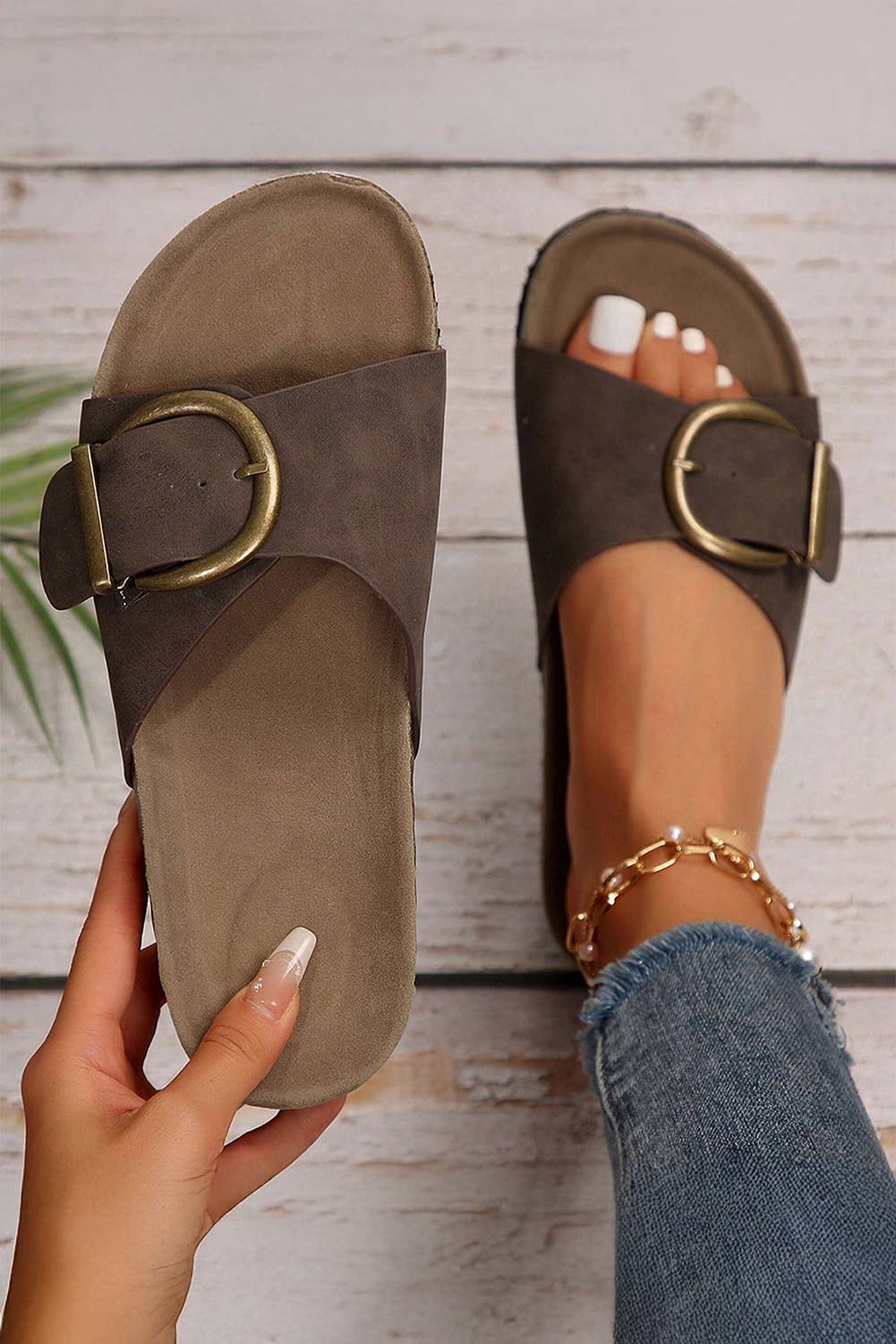 Buckle Faux Suede Thick Sole Slippers