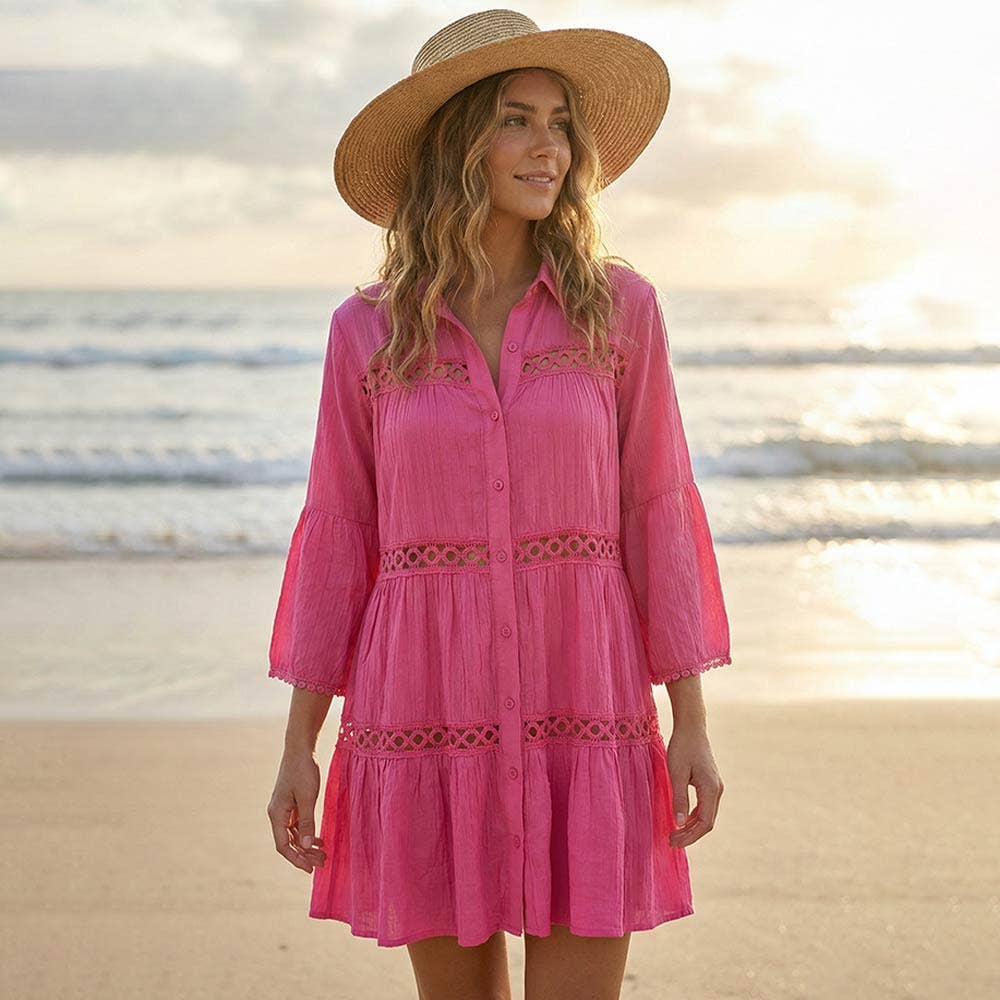 White Button Front Lace Trim Beach Shirt Dress