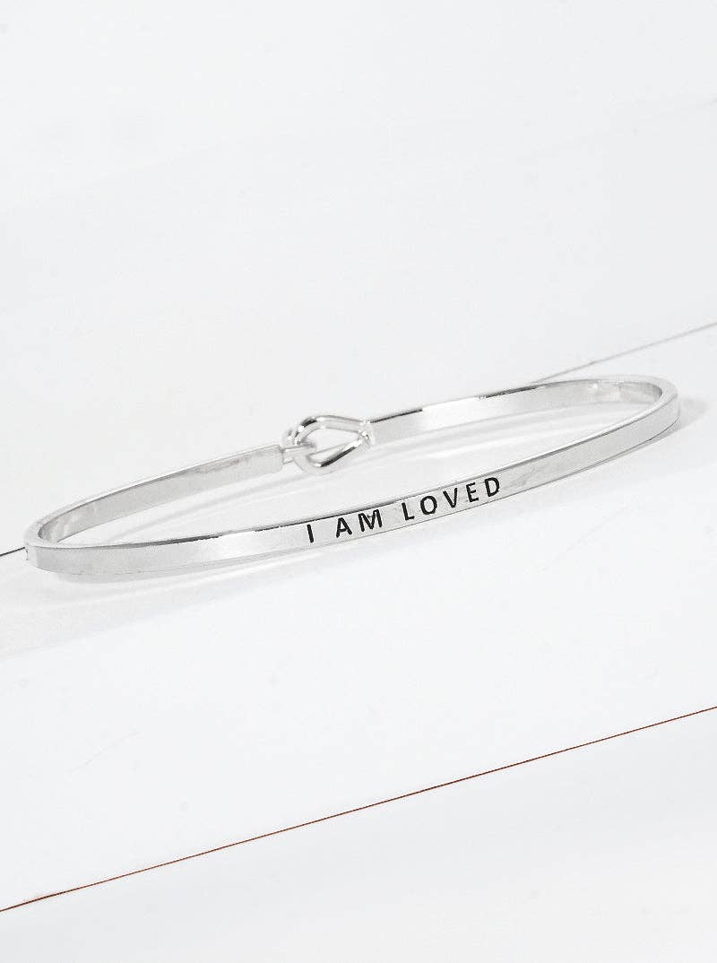 Silver "I Am Loved" Engraved Inspirational Bangle Bracelet