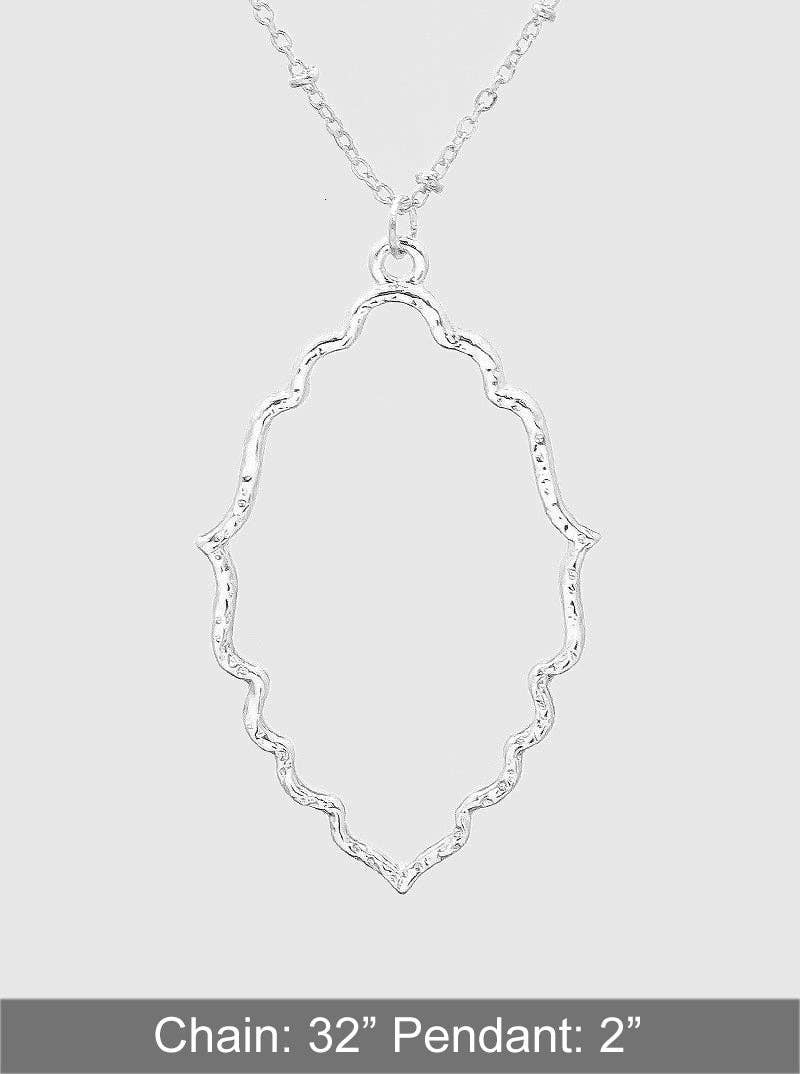 Hammered Metal Moroccan Shape Pendant 32 Inch Long Necklace