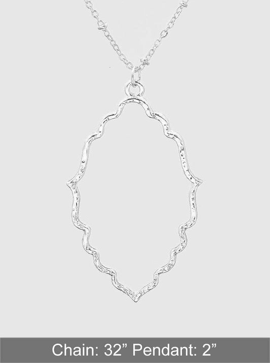 Hammered Metal Moroccan Shape Pendant 32 Inch Long Necklace