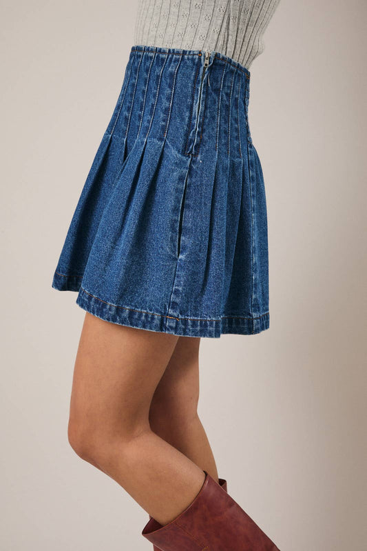 Pleated Detail Denim Skirt