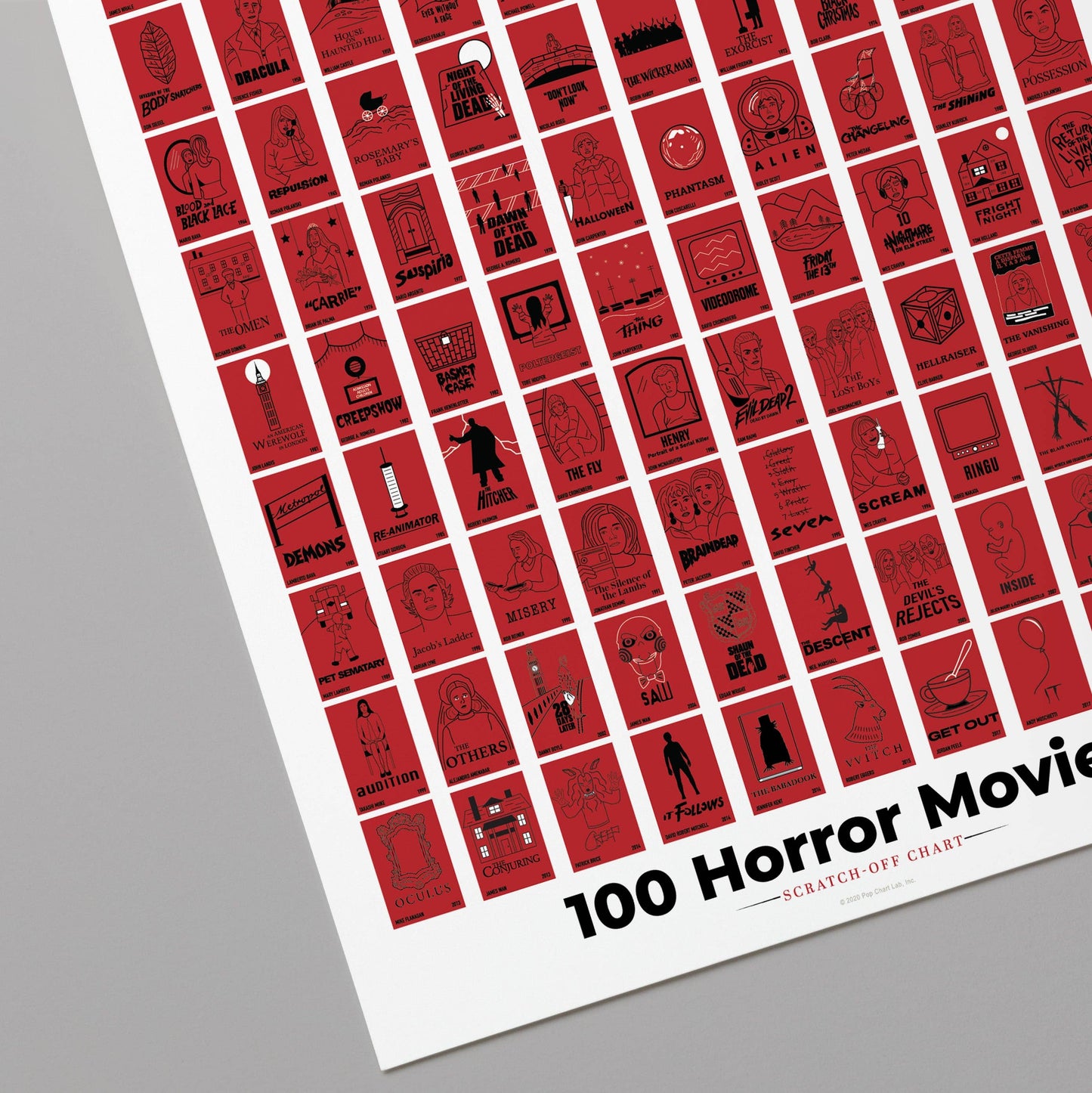 100 Horror Movies Scratch-Off Chart | 12" x 16" Print