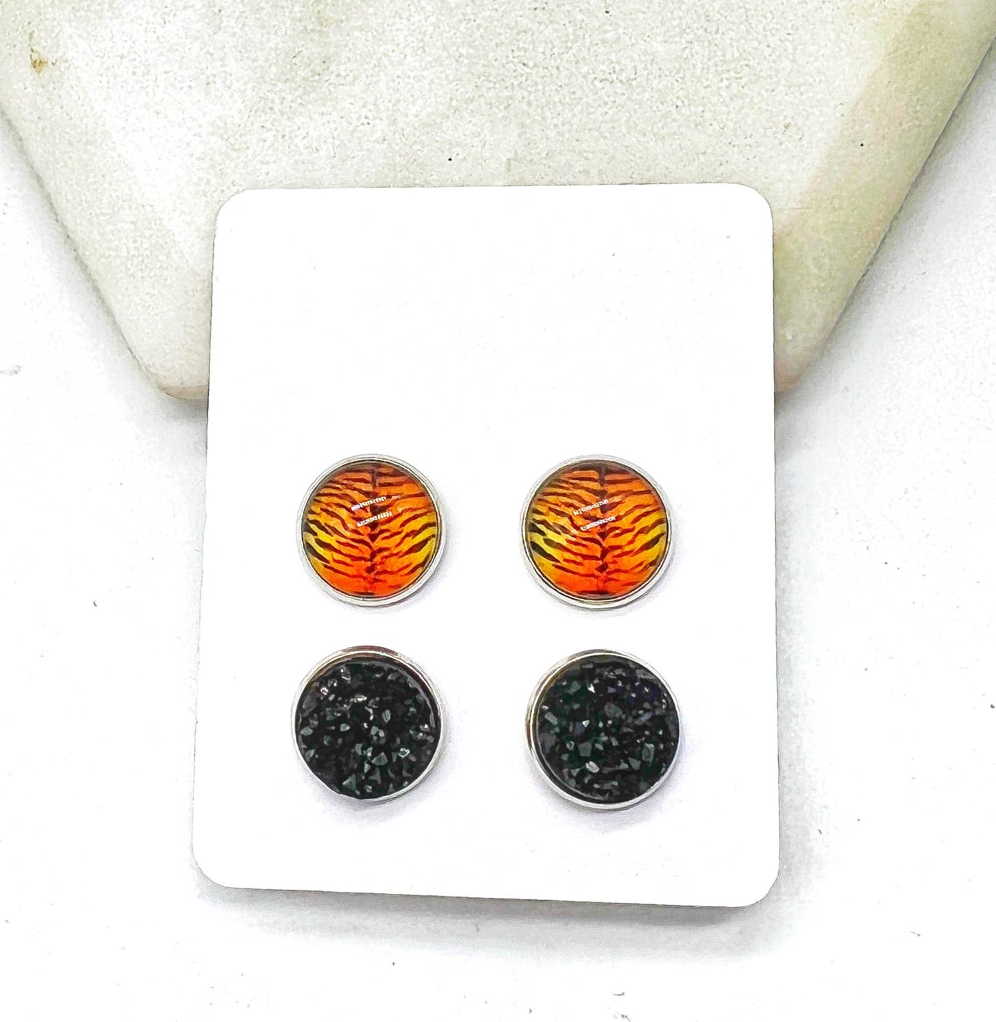Orange Bengal Tiger Print Druzy Stud Set
