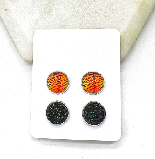Orange Bengal Tiger Print Druzy Stud Set