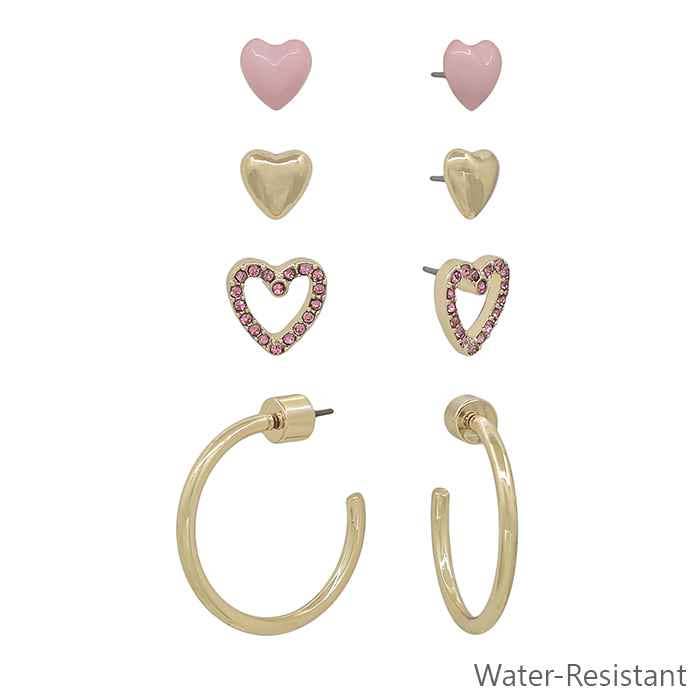Pink and Gold Heart Stud and .5" Hoop Earring Set