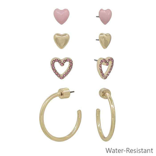 Pink and Gold Heart Stud and .5" Hoop Earring Set