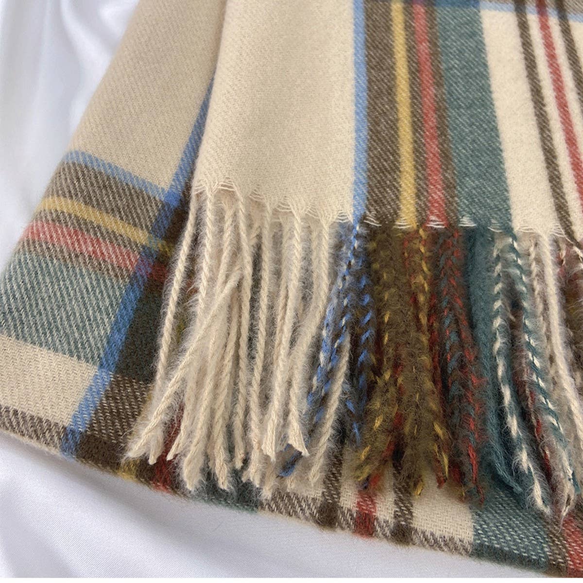 Beige Plaid Winter Scarf-Vintage Tassel Shawl