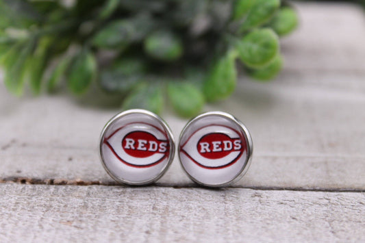 Reds Baseball Glass Stud Earrings and Keychain Set