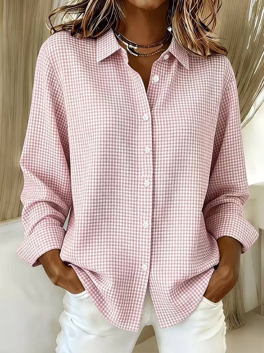 Women's Gingham Long Sleeve Button Down Shirt: Red / 100%Polyester / S