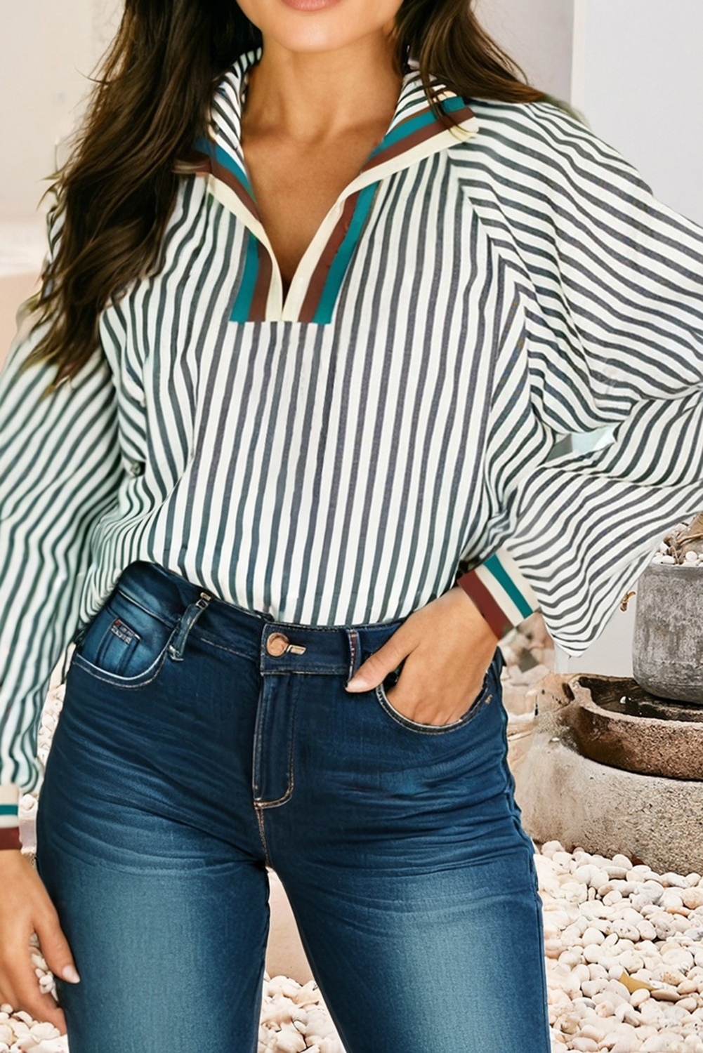 Casual Shift Striped V Neck Blouse