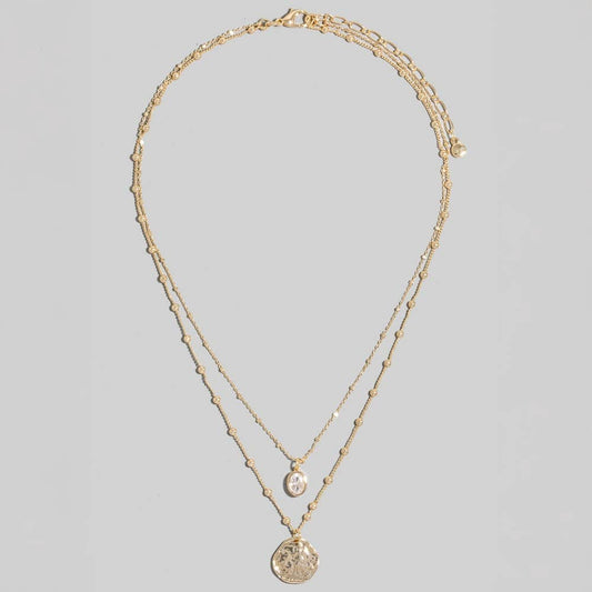 Gold Coin And Oval Cz Charm Layered Chain Necklace